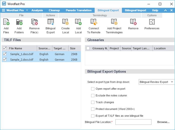 12. Quick Tools Bilingual Export Bilingual Export is used for translating outside of the application.