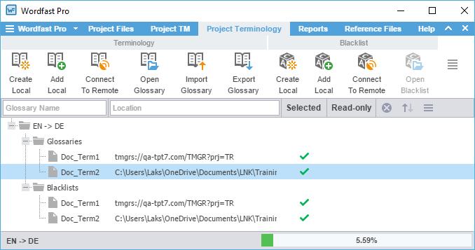 8. Project Terminology The Terminology tab is used to manage the glossaries and blacklisted terms. A glossary is a collection of terms used in previous translation projects.