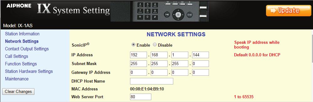 Step 3: Network Settings Select Network Settings from the menu on the left. Enter a unique IP Address*, Subnet Mask, and Gateway IP Address for the adaptor.