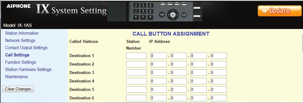 Step 5: Call Settings Select Call Settings from the menu on the left. From this screen, enter the station number and IP address of the master(s) that this door station needs to call.