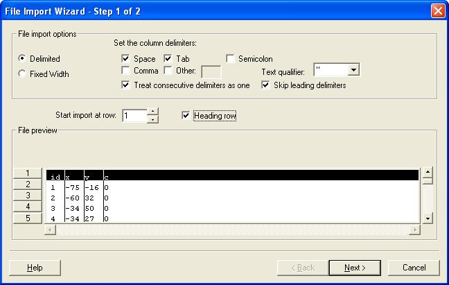 2. Select the Open button. 3. At the bottom of the Open dialog, change the filter to Text Files (*.txt,*.csv). 4. Locate and open the directory entitled tutfiles\geostatistics\geos2d. 5.