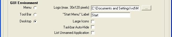 Desktop: a tool-bar is displayed at the base of the screen. Settings: - The Axel logo can be replaced (graphics file: bmp, jpeg...). - The label of the Start button can be modified.