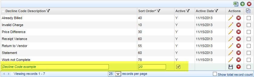 In the Amount field, enter the vendor exception approval limit for the selected user. 5. Click the Save icon. The new entry is inserted in the table sorted alphabetically according to the vendor.