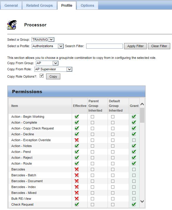 System Administrator 37 Profile Tab Here is where you can add permissions for the selected Role. Key Concept: Permissions inherited from the group level cannot be removed at the profile/role level.