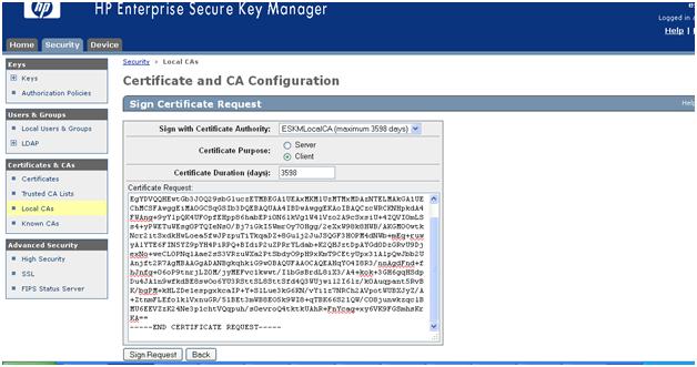 Certificate Request screen of the ESKM cluster. 27.
