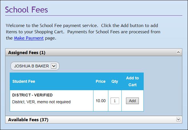 K12PaymentCenter.com District Admin User Manual 31 2.3 School Fees A parent can select school fees to be paid in K12PaymentCenter.com. Any K12PaymentCenter.