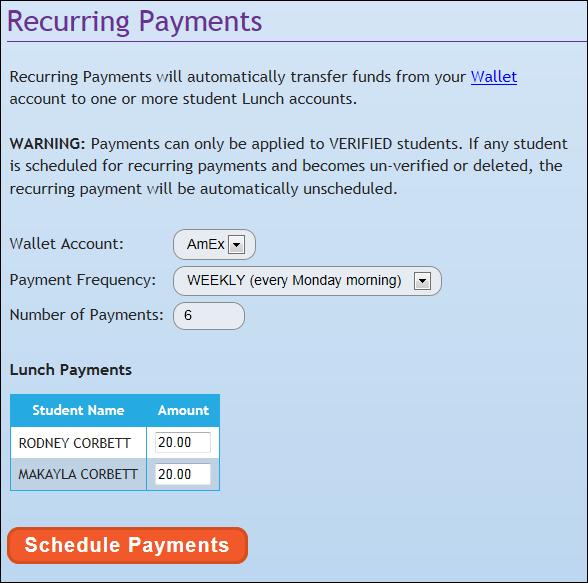 K12PaymentCenter.com District Admin User Manual 36 2.6 Recurring Payments This page allows you to schedule recurring payments on a monthly or weekly basis.