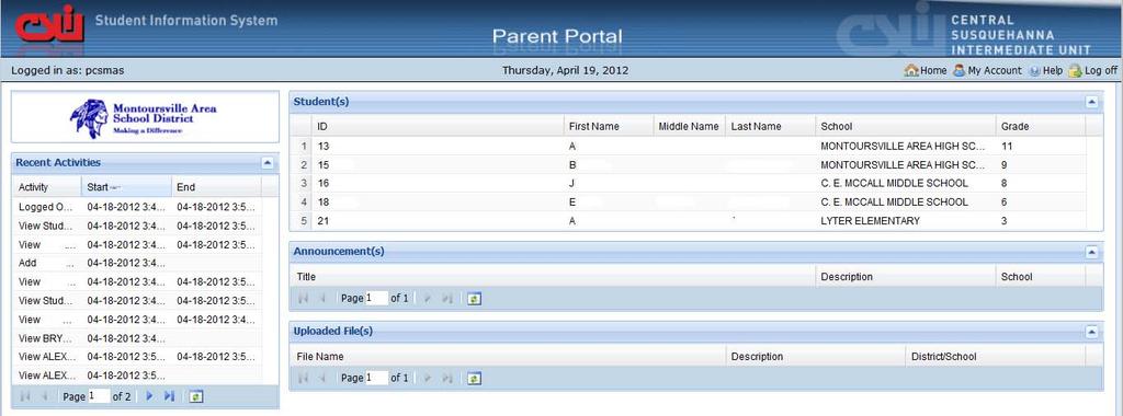 Basic Navigation Navigating the features of the Parent Portal is accomplished by clicking on various areas of the screen. 4 3 1 2 1. Displays the recent activity on your parent portal. 2. Displays listing of files uploaded by the district.