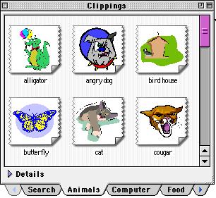 Adding Additional Clip Art to Your Clippings Palette Your favorite images can be saved and added to your AppleWorks Clippings palette. Place your image into an AppleWorks document or the scrapbook.