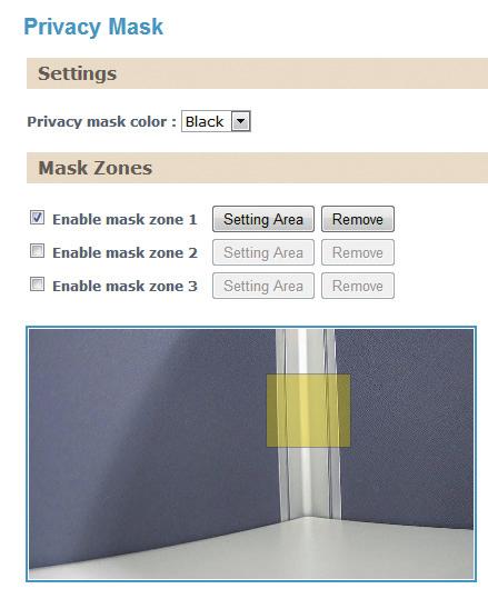 Mask Zones You can configure up to 3 privacy masks, the instructions below illustrate how to setup 3 privacy masks. 1. Select the color of the mask in the drop down list. 2.