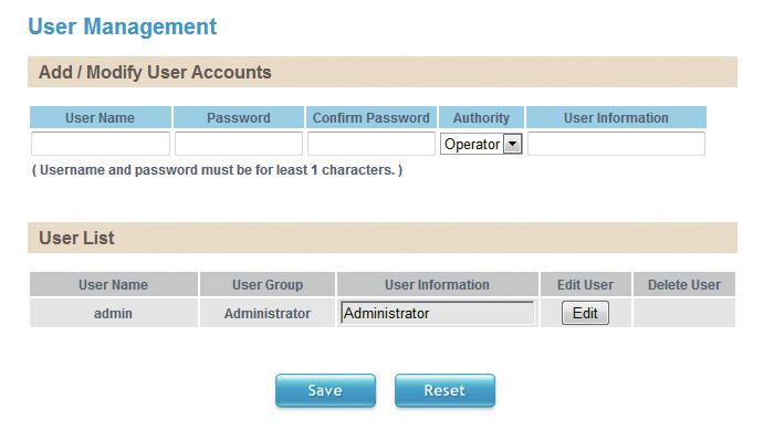 User Management This section is used to manage user accounts for accessing the IP camera s web configuration menu.