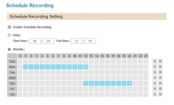 System Schedule Recording This section is used to schedule the recording of the video streams. Schedule Recording Setting Enable Schedule Recording Enables or disables recording of the video stream.