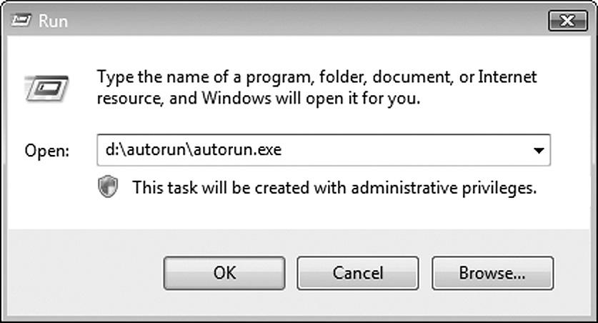 The Run window opens: In the Open field, enter the DVD-ROM drive letter together with \Autorun\Autorun.exe.