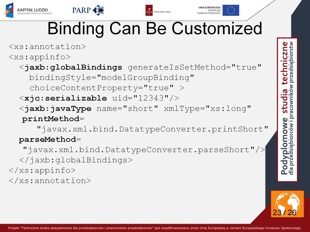 All binding declarations are in an annotation element and its subordinate appinfo element. In fact, all inline binding declarations must be made this way.