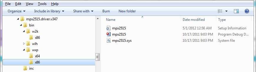 2.1.2 Windows XP (32-bit) Device Driver The following figure shows the MPX-2515 card device driver for Windows XP 32-bit version. File path is.\mpx2515.driver.v347\bin\wxp\x86.