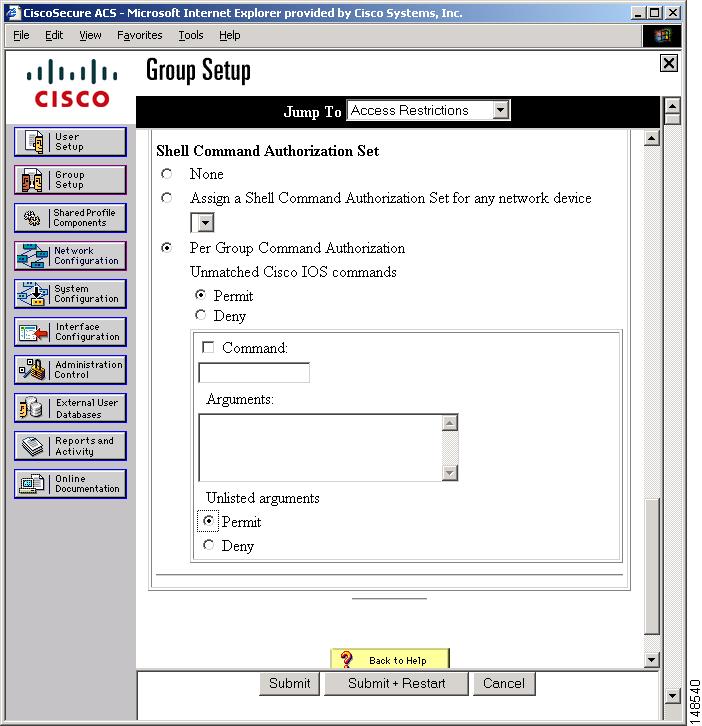 Figure 4-3 Shell Command Authorization Set Section of Group Setup Page Per Group Command