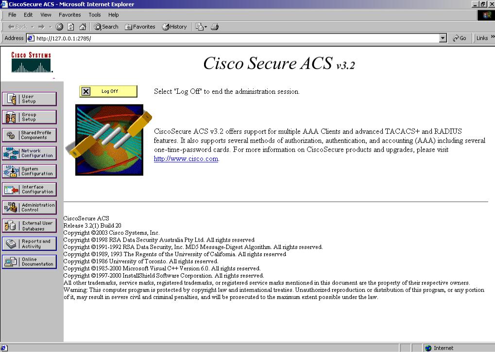 326 Appendix A TACACS+ server configuration examples Figure 91 Cisco ACS (version 3.2) main administration window 1 Define the users and the corresponding authorization levels.
