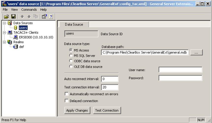 332 Appendix A TACACS+ server configuration examples Figure 97 General Extension Configurator 2 Create a Client entry for 10.10.10.10 (see Figure 86 on page 308) by right-clicking the TACACS+ Clients item.