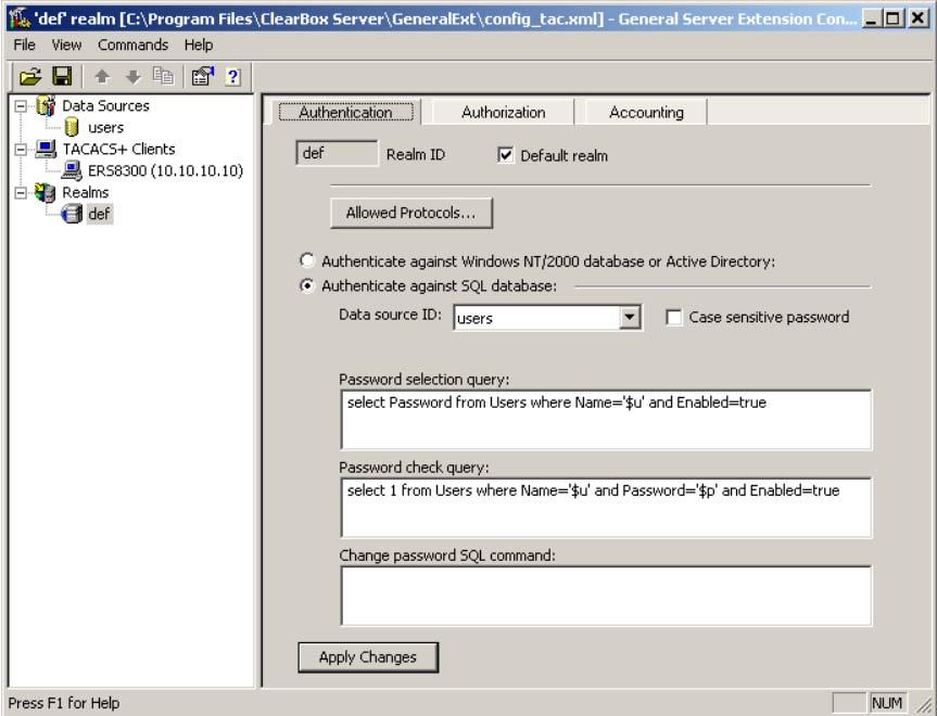 334 Appendix A TACACS+ server configuration examples Figure 99 Default realm Authentication tab 3 Select Realms > def > Authorization tab.