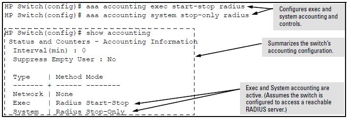 Accounting controls These options are enabled separately, and define how the switch will send accounting data to a RADIUS server: Start-Stop: Applies to the exec, network, and system accounting