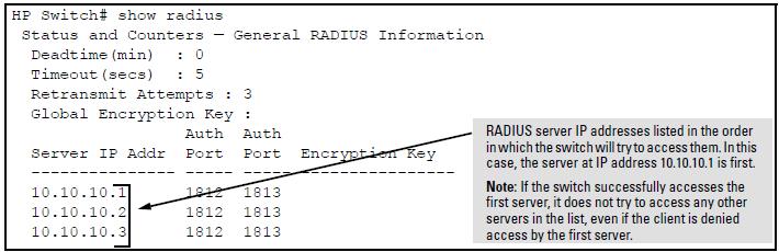 Figure 29 Search order for accessing a RADIUS server To exchange the positions of the addresses so that the server at 10.10.10.3 is the first choice and the server at 10.10.10.1 is the last, perform the following: 1.