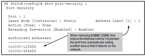 currently set to Static. See the Command syntax listing under Configuring port security (page 346).