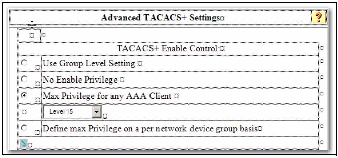 Figure 15 Advanced TACACS+ settings section of the TACACS+ server user setup 4. Scroll down to the section that begins with "Shell", see Figure 16 (page 72). Check the Shell box. 5.