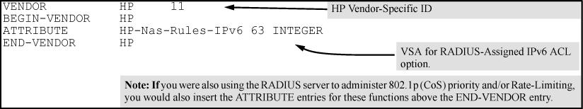 Using HPE VSA 63 to assign IPv6 and IPv4 ACLs (example) The ACL VSA HP-Nas-Rules-IPv6=1 is used in conjunction with the standard attribute (Nas-Filter-Rule) for ACL assignments filtering both IPv6