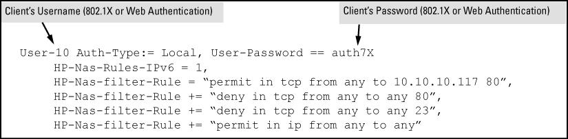 deny in ip from any to any ACE (for IPv4). For example, to create ACL support for a client having a username of "User-10" and a password of "auth7x".