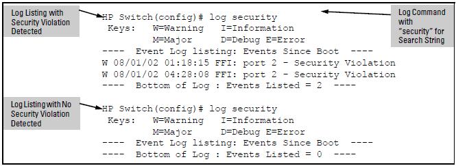 where "W" is the severity level of the log entry and FFI is the system module that generated the entry. For further information, display the Intrusion Log, as shown below.