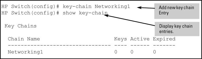 For example, to generate a new key chain entry: Figure 138: Adding a new key chain entry After adding an entry, assign keys to it for use by a KMS-enabled protocol.