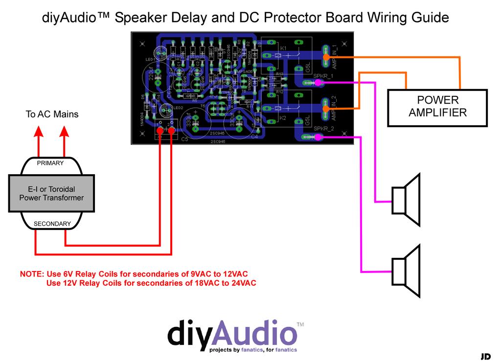 Shown below is the recommended wiring diagram for the diyaudio Speaker Delay and DC Protector PCB. Testing Procedures: 1. Setup a suitable power transformer.