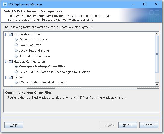 34 Appendix 1 Using the SAS Deployment Manager to Obtain Hadoop JAR and Configuration Files 4.