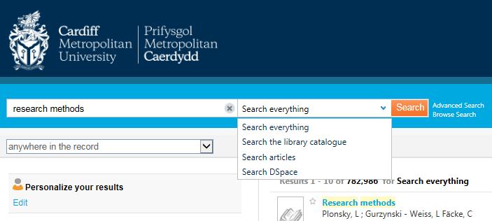 Use the drop down list next to the search box to: Search everything: the default option, this searches everything in MetSearch; Search the library catalogue: this restricts your