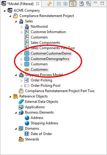 1. In the Model View, Ctrl+click the business entities CustomerCustomerDemo, CustomerDemographics, and