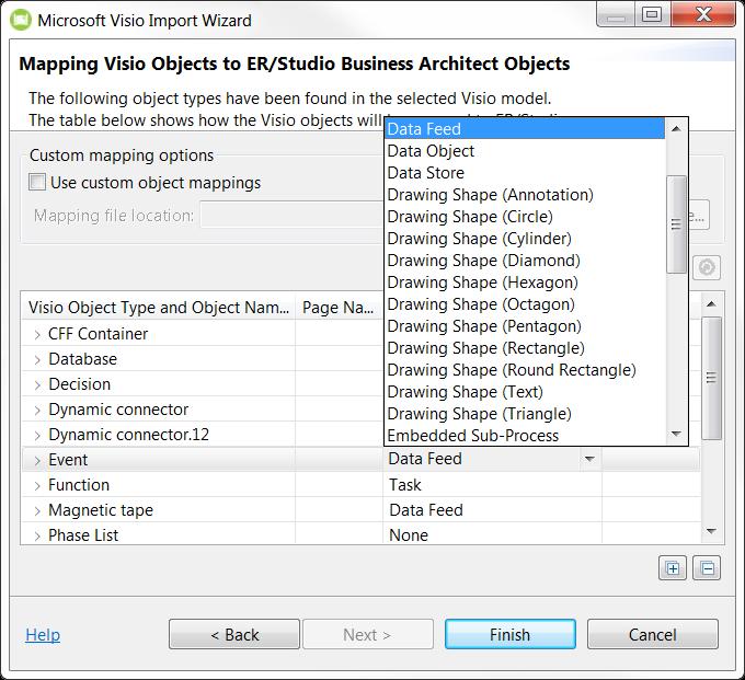 Creating custom mappings You can create and save user-defined mappings for Visio object types in the Mapping dialog. 1. Select the Visio Object Type Event. 2.
