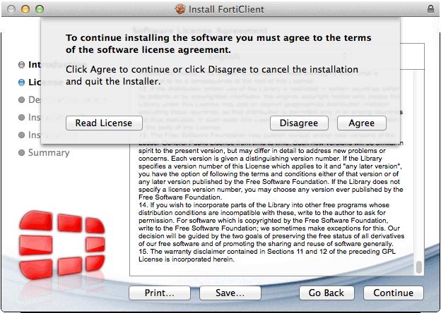 7. In the license agreement screen, read the terms of the licence software and click Continue.