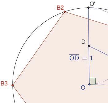 Figure 11.: A simple Euclidean construction of the regular pentagon. Justification using secants in a circle. Let AF and BC be the angular bisectors in triangle OAB.