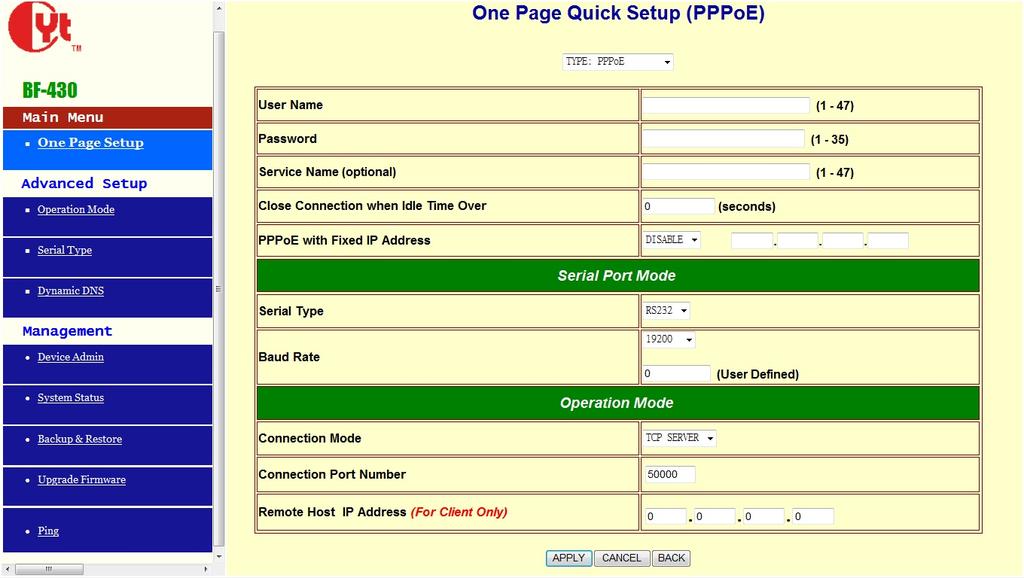 instruction of PPPoE User Name Fill in the user name, up to 47 characters Password Fill in the password, up to 35 characters Service Name (optional) Fill in the service name (optional), up to 47