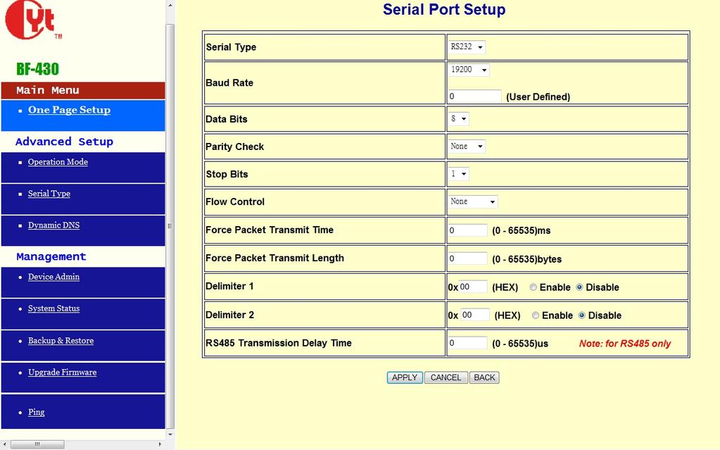 2 Serial Port Setup instruction Serial Type Set the serial type, RS232 and RS485 for setting, default setting is RS232 1.