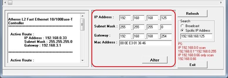 3 While the IP Search window shows up, it will display all BF-430 in LAN, and show its Device name, Location, Model Name, IP Address, Subnet Mark, Gateway, Mac Address.