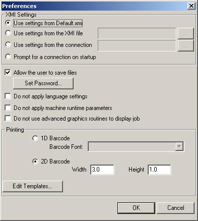 Job Editor - Bar Code Setup Click on FILE \ PREFERENCES In the Printing Options Frame Choose between 1D and 2D barcode Old scanners will read 1D, All current scanners