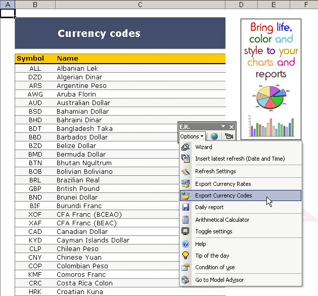 Export currency Use the Export currency codes to create a new worksheet