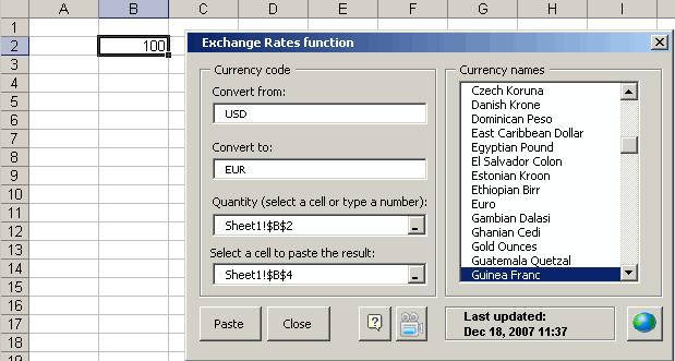 Wizard The Exchange Rates Wizard helps you in the construction of the Exchange Rates function. This window shows the amount converted and the latest refresh.