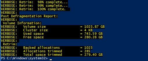 To run the retrim process manually on SC Series LUNs, use the Optimize-Volume PowerShell command. In the following example, a ReTrim command is issued on the SC Series volume, K:.
