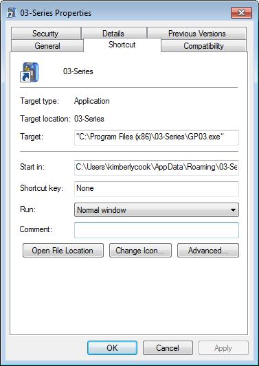shortcut on the desktop and selecting Properties. The program icon/shortcut should say 03 Series and should not say GP-03 Shortcut. 4.