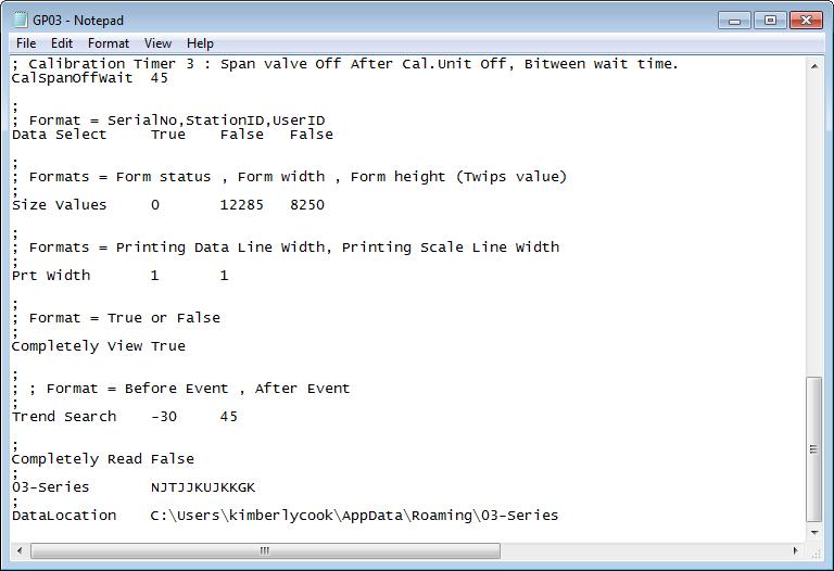 6. Open the GP03.ini file in Notepad and scroll down to the very last line. This line is the Data Location path.