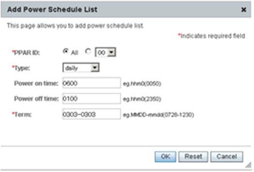 for Physical Partitions in Appendix-3.) )In the Menu tab of the Menu Frame, go to XSCF settings and select Power Schedule.