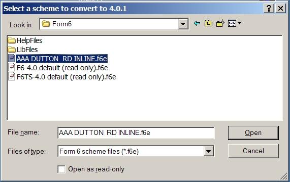 OPTION 1 1. From the Upgrade Wizard Mode selection box, click the top button labeled, Convert a Form 6 V 4.0 scheme file into a Form 6 V 4.0.1 scheme file. 2. When the Select a Scheme to convert to 4.