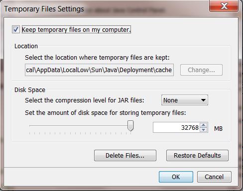 6 Open the settings for temporary internet files with a click on Settings We suggest leaving the temporary files on the computer because otherwise the ComTrader application will be downloaded
